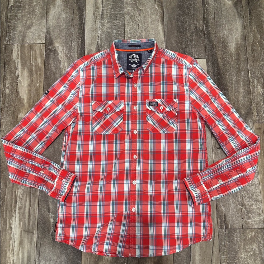 Men’s Superdry Plaid Long Sleeve Button Up Shirt Red L